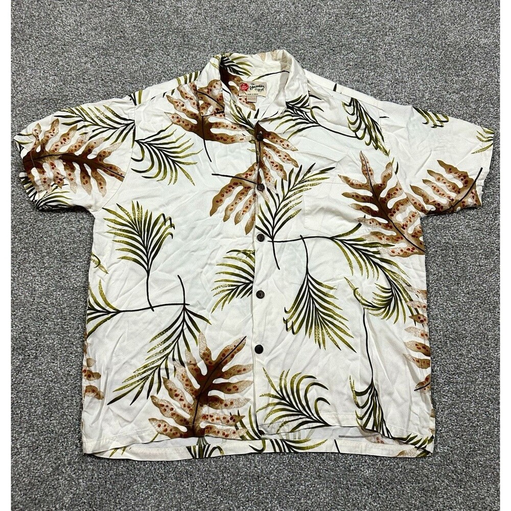 Hilo Hattie Shirt Mens Large 100% Rayon Tropical Palm Leaf Made in Hawaii